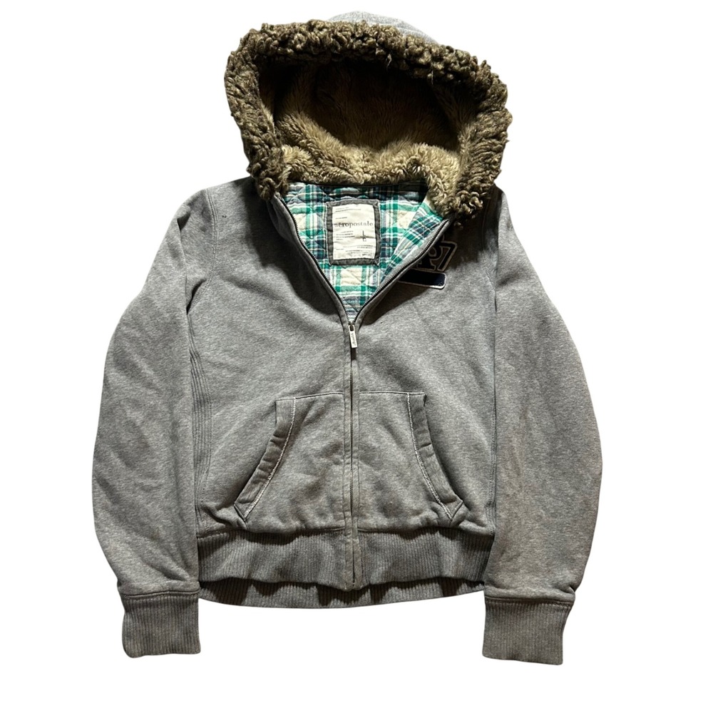 Y2K Aeropostale Hoodie Women Large Gray Faux Fur Lined Plaid Quilted Zip Up A87